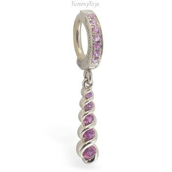 14K White Gold Pink Sapphire Belly Button Ring with Journey Dangle Charm - TummyToys