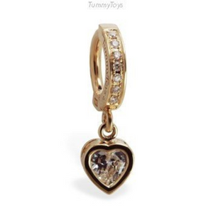 14K Yellow Gold Diamond Belly Ring with CZ Heart Charm - TummyToys
