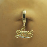 14K Yellow Gold Navel Ring with "Love" Dangle Charm - TummyToys