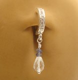 Iolite and Clear CZ Crystal Dangle Belly Ring | .925 Sterling Silver Clasp - TummyToys