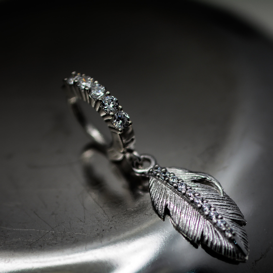 Silver Feather Boho Belly Button Ring with Clear CZs