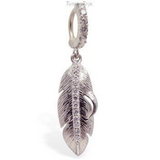 Silver Feather Boho Belly Button Ring with Clear CZs - TummyToys