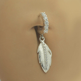 Silver Feather Boho Belly Button Ring with Clear CZs - TummyToys