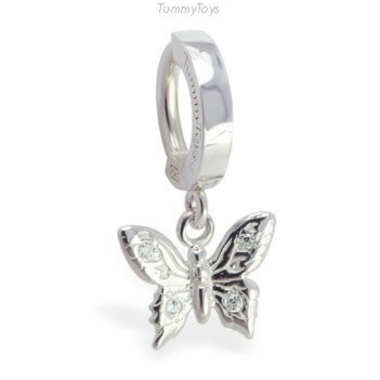 Solid Silver Butterfly Belly Ring Charm with CZ Stones - TummyToys