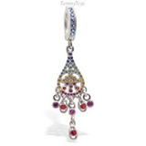Unique Multi-Colored CZ Dangle on Sapphire Blue CZ Belly Button Ring - TummyToys