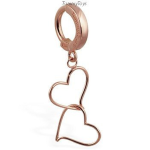 14K Rose Gold Belly Button Ring with Floating Double Heart Dangle - TummyToys