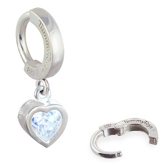 14K White Gold Belly Ring with Crystal Heart Drop Charm - TummyToys