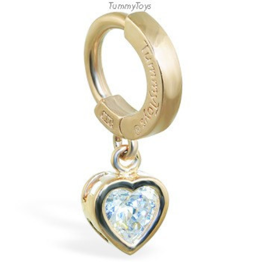 14K Yellow Gold Belly Ring with Heart CZ Charm - TummyToys