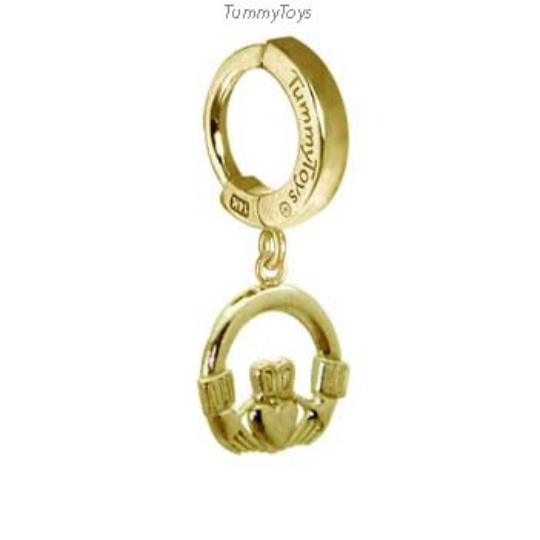 14K Yellow Gold Claddagh Charm on Gold Belly Ring - TummyToys