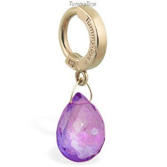 14K Yellow Gold Belly Ring with Beautiful Amethyst Dangle - TummyToys