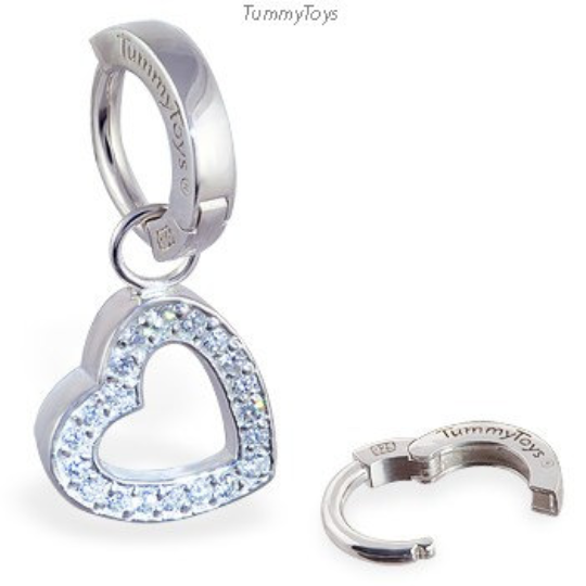 Pave Cz Heart Swinger Charm On Plain Sterling Silver Belly Ring - TummyToys