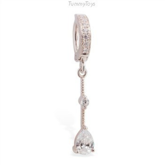 Stunning Sterling Silver and Clear CZ Belly Ring | .925 Sterling Silver Clasp with CZ Dangle - TummyToys