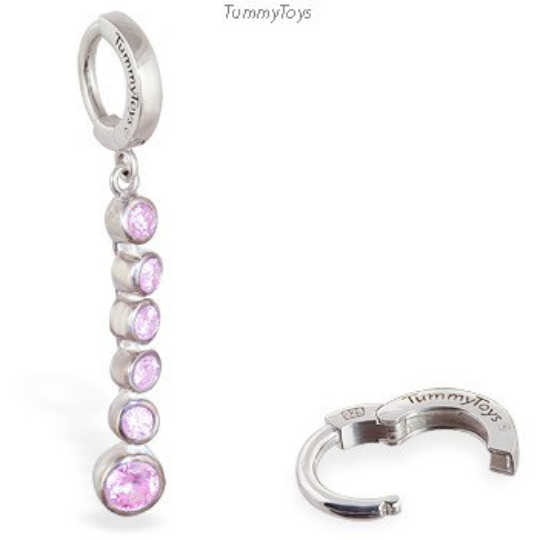 Silver Belly Ring with Long Pink CZ Dangle Charm - TummyToys