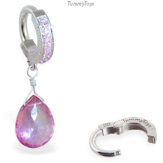 Pink Belly Ring with Topaz Briolette on Pink CZ and Silver Clasp - TummyToys