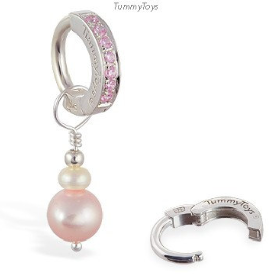 Changeable Pearl Swinger Charm On Tummytoy Pink CZ Belly Ring - TummyToys