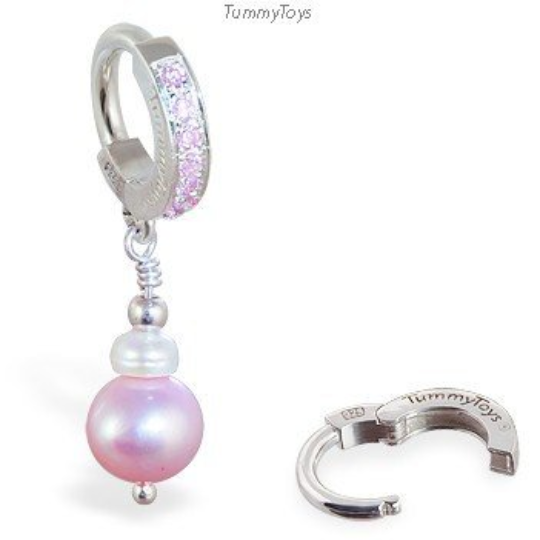 CZ and Pink Pearl Belly Ring | Solid Sterling Silver - TummyToys
