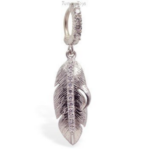 Silver Feather Boho Belly Button Ring with Clear CZs - TummyToys