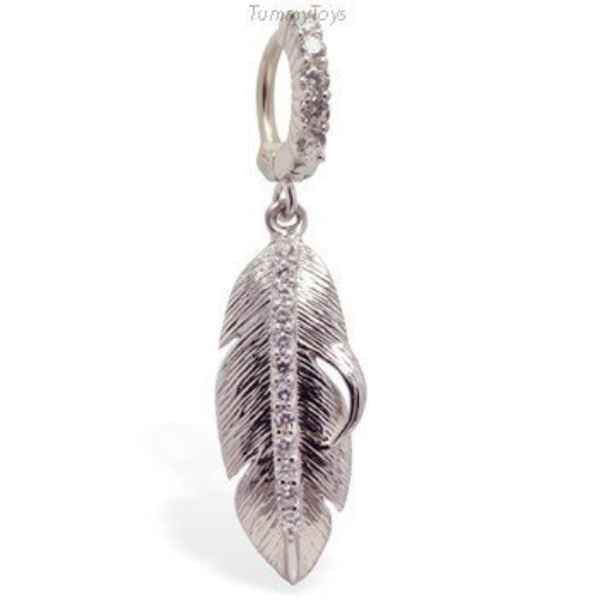 Silver Feather Boho Belly Button Ring with Clear CZs - TummyToys
