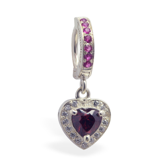 Dazzling Vibrant Red Heart Charm On CZ Silver Belly Ring - TummyToys