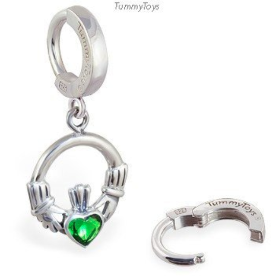 Irish Love Silver Claddagh Belly Ring with Green CZ Heart Dangle - TummyToys
