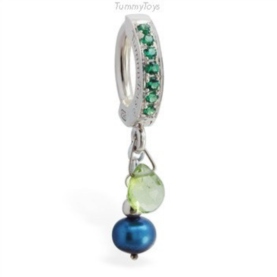 Natural Green Peridot And Freshwater Blue Pearl Charm On Vibrant Green Pave Clasp - TummyToys