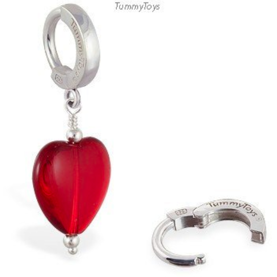 Sterling Silver Dangling Red Heart Belly Ring - TummyToys