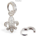Changeable Fleur-De-Lis Silver Swinger Charm On CZ Pave Belly Ring - TummyToys