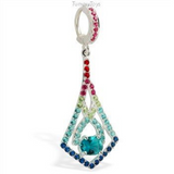 Hot Multi-Colored Cz Long Dangle On Hot Pink Cz Belly Button Ring - TummyToys