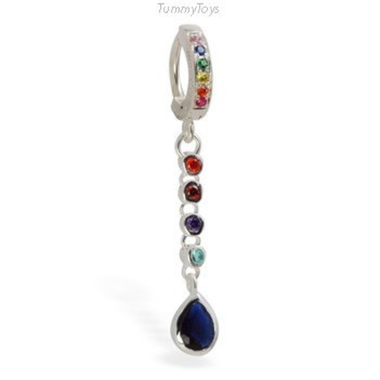 Colorful Cz Dangle Charm on Rainbow Clasp Glitter Belly Ring - TummyToys