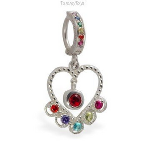 Rainbow Heart Belly Ring | Sterling Silver with Rainbow CZ Stones - TummyToys