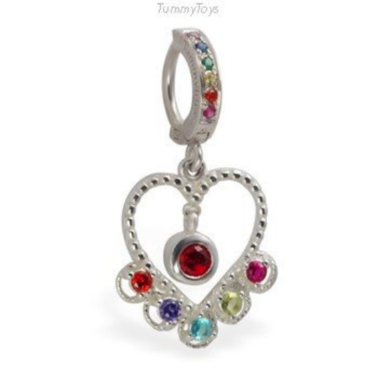 Rainbow Heart Belly Ring | Sterling Silver with Rainbow CZ Stones - TummyToys