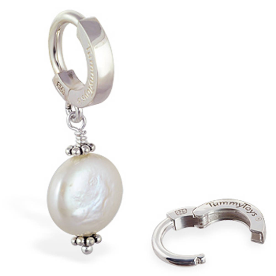 Cream Coin Pearl Navel Ring | Solid Silver Belly Ring Clasp with Pearl Dangle Charm - TummyToys