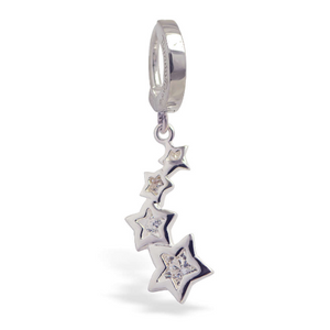 Sterling Silver Belly Button Ring with Shooting Stars Dangle Charm | Silver and Clear CZ - TummyToys