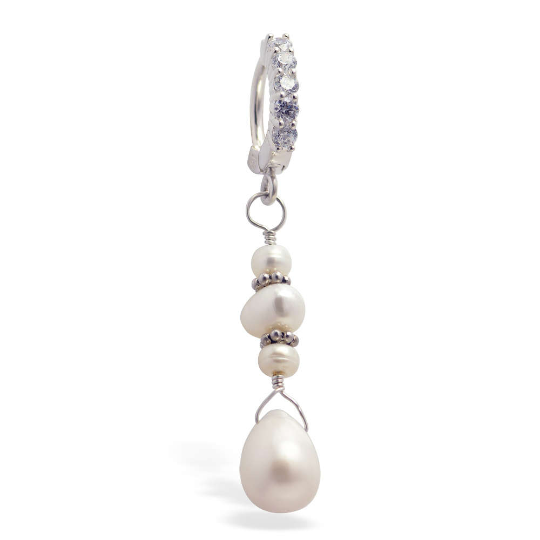 White Pearl Belly Ring | Solid Silver Navel Ring with Pearl Dangle Charm - TummyToys