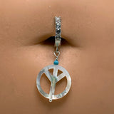 Mother of Pearl Belly Ring | Sterling Silver with MoP Peace Sign Dangle & Terquoise - TummyToys Sexy Navel Rings