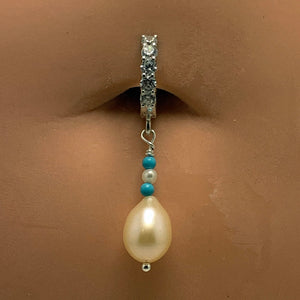 Teardrop Pearl Belly Ring | Solid Silver Navel Ring with Pearl & Turquoise Dangle Charm - TummyToys Sexy Navel Rings