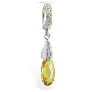 Yellow CZ Dangle Charm on CZ & Sterling Silver Belly Button Ring - TummyToys