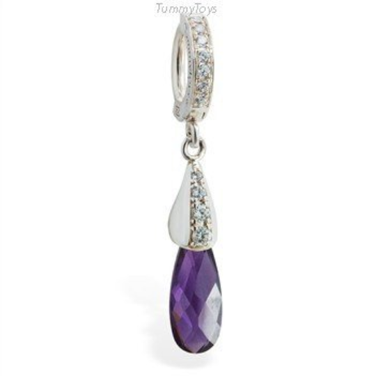 Sterling Silver Belly Ring with Purple CZ Dangle Charm | Clear CZ Clasp - TummyToys