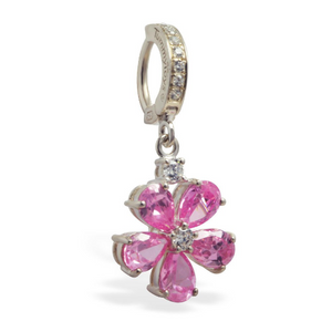 Pink CZ Flower Belly Ring with 5 CZ Petals On Sterling Silver CZ Clasp - TummyToys