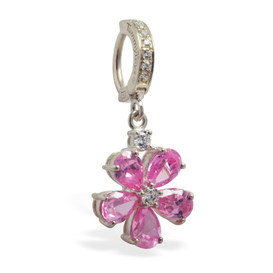 Pink CZ Flower Belly Ring with 5 CZ Petals On Sterling Silver CZ Clasp - TummyToys
