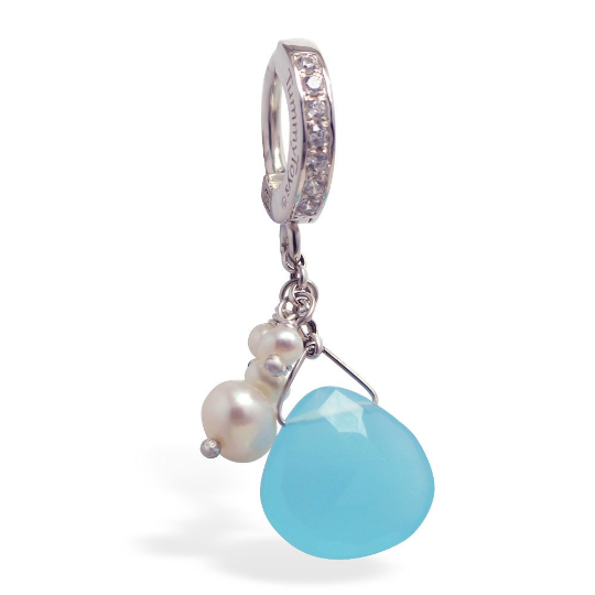 TummyToys Soft Blue And Creamy Pearl Belly Ring | Solid Silver with Freshwater Pearls - TummyToys
