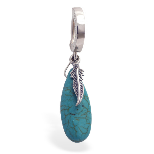 Silver & Turquoise Belly Ring with Silver Feather Charm | Boho - TummyToys