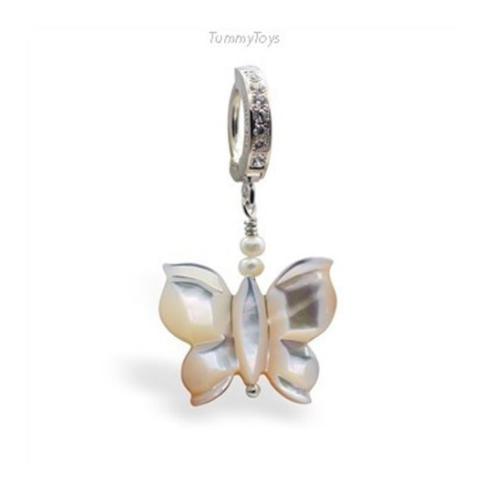 Mother of Pearl Butterfly Belly Button Ring | Solid Sterling Silver Clasp - TummyToys