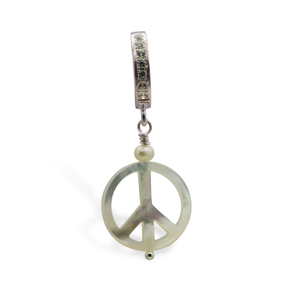 Mother of Pearl Belly Ring | Sterling Silver with MoP Peace Sign Dangle - TummyToys